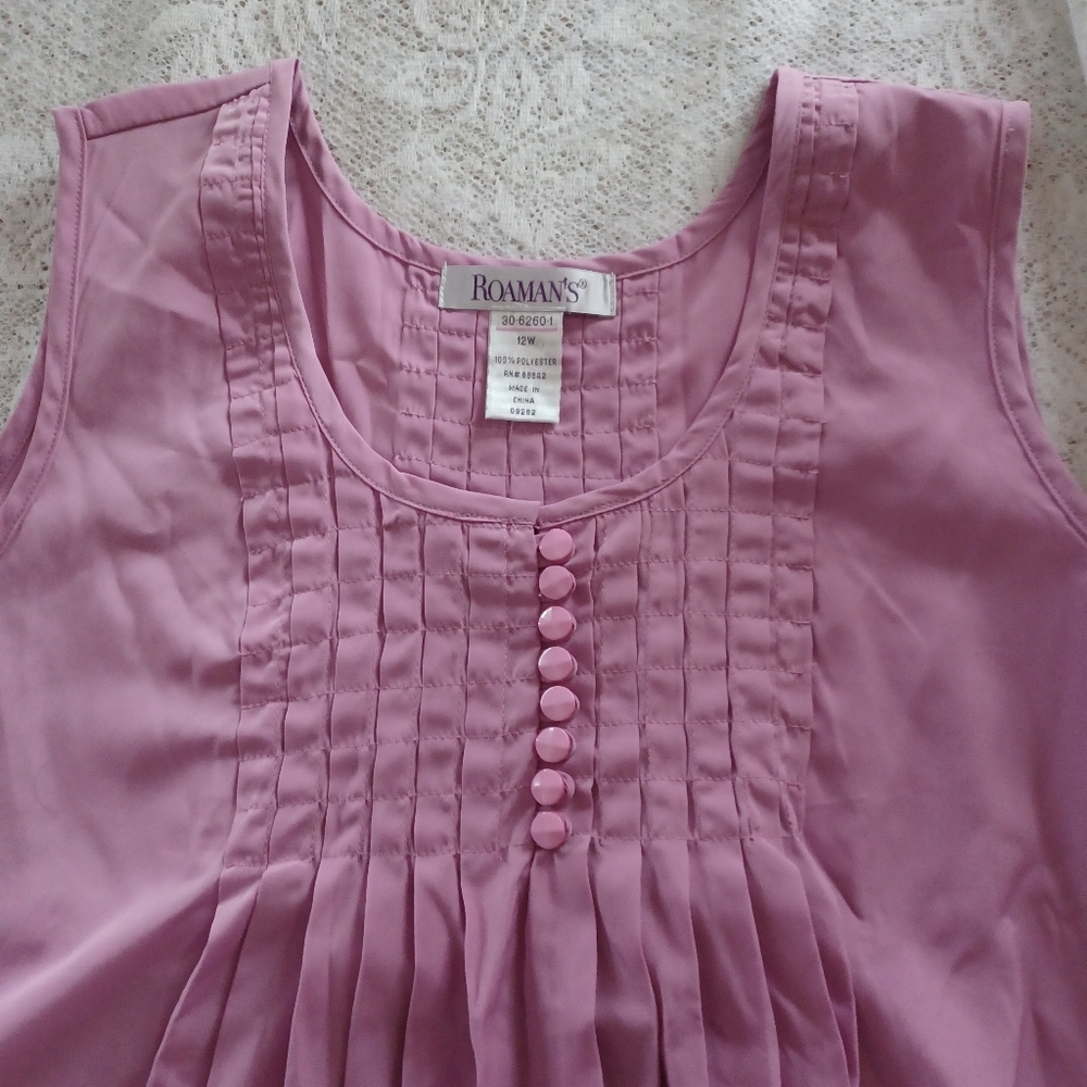ROAMAN'S 100% POLYESTER PINTUCK PLEATS SLEEVELESS TANK TOP 12W MAUVE ORCHID